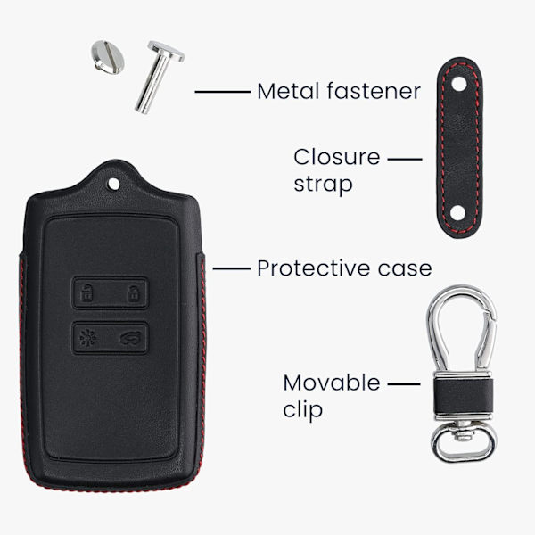 Fodral Kompatibelt med Renault Smart Key 4-knapp (Endast Keyless Go) - Svart-Röd - Äkta Läder Bilnyckelfodral med Nyckelring