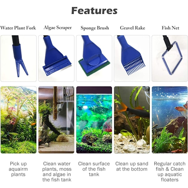 Akvarium Rengørings Sæt 5 i 1 Multifunktionelt Akvarium Rengøringsværktøj med Landing Net og Alge Skraber