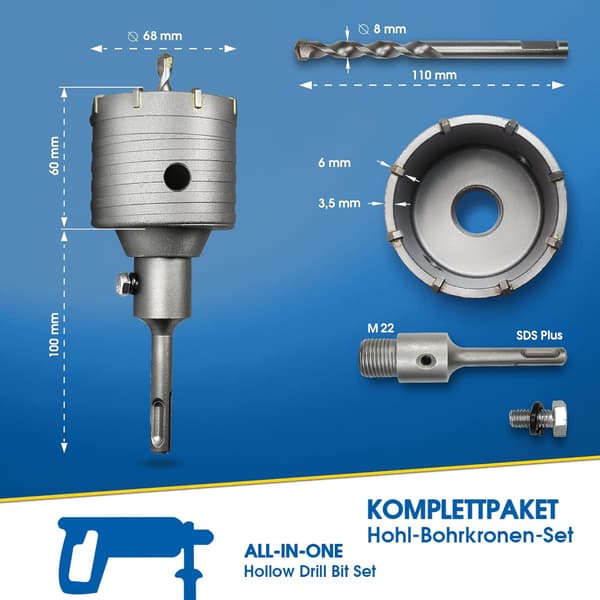 Hulsav Tør Kernebor Ø 68mm + 110mm SDS Plus Adapter + 8x110mm Centreringsbor
