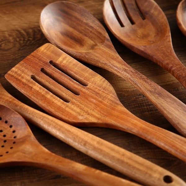 Träredskap i trä, set med 7, eleganta, starka och non-stick teakträskedar och spatlar för hemmet och köksdekor