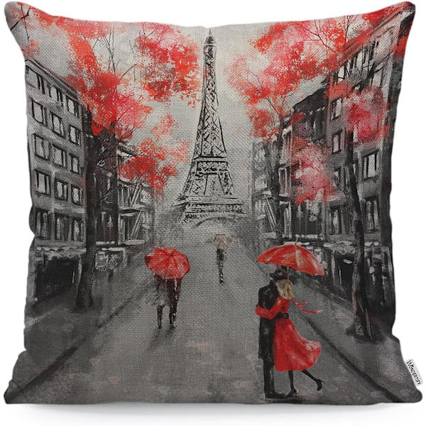 45 x 45 cm Romantisk Paris Kuddfodral för Älskare - Kyss i Frankrike - Design: Eiffeltornet - Alla hjärtans dag - för Män och Kvinnor - Grå och Röd