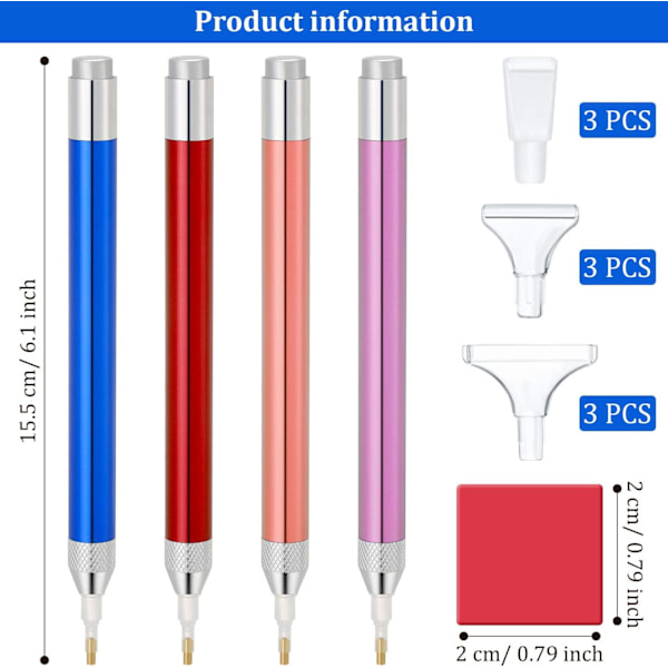 3 stk LED 5D Diamantmaleri Drillpenn Lysende Diamantmaleripenn Malinglim Tilbehør, 15 Pennhoder (Rosa, Blå, Rød)