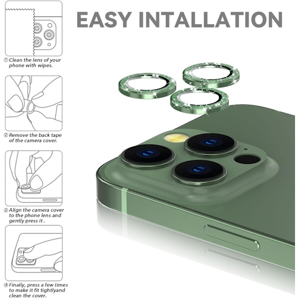 Bakre kameraskydd Glitter Green Kompatibel med iPhone 13 Pro och iPhone 13 Pro Max, [Aluminiumlegering], Fulltäckande & 9H hårdhet Kameraskydd
