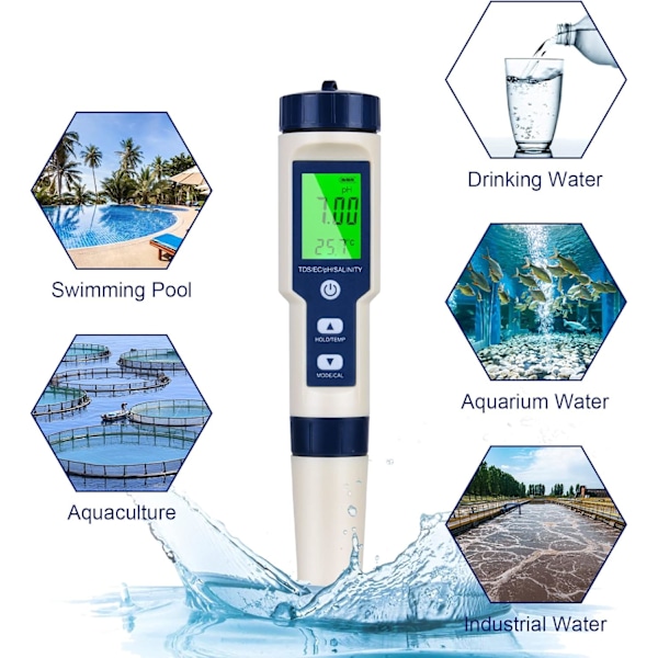 5-i-1 Elektronisk PH-måler Tester, PH-måler med Bakgrunnsbelyst LCD-skjerm, Vannkvalitetstester for Testing av PH/TDS/EC/Temperatur/Salinitet, for Drikkevann