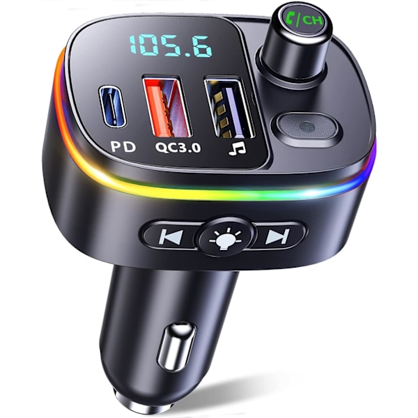Bluetooth 5.0, QC3.0 & PD 18W USB C Bluetooth-bilsändare med 9 RGB-bakgrundsbelysning, Bluetooth-bilsändare som stöder handsfree-samtal, assistent, US