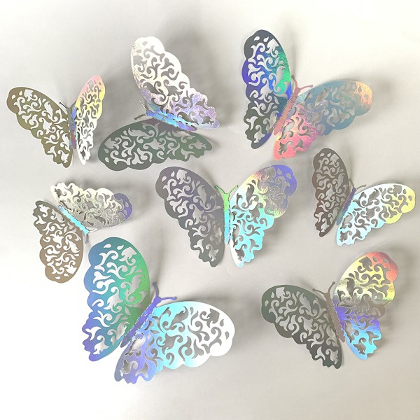 A-60 stk 3D Sølv Sommerfugl Vægstickers, Holografiske Sølv Sommerfugl Dekorationer med 5 Stile Menneskeskabt Dekorativt Tapet til Hjemmet (Sølv