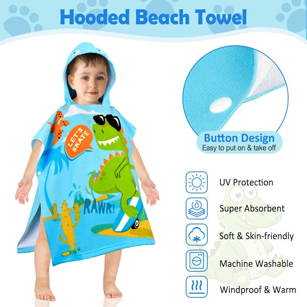Barnens badponcho Dinosaurie badhandduk Strandhandduk Flickor badcape Pojkar Superabsorberande Snabbtorkande Huvad poncho Surf poncho Baby bad Utflykt