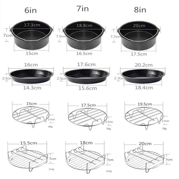 Tilbehør til luftfrityrkoker (10 sett) - 6 tommer, Tilbehør til luftfrityrkoker, passer til 4,0-5,8 QT luftfrityrkokere fra alle merker