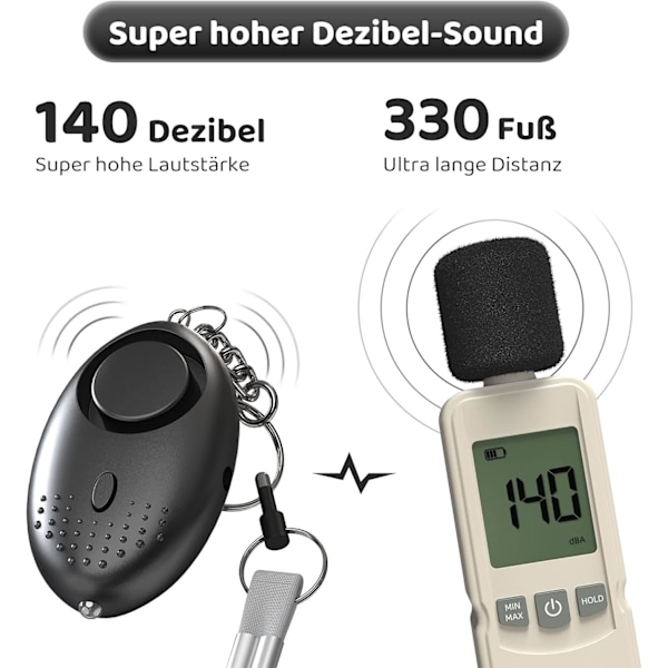 Personligt Alarm, Anti-Overfald Nøglering - 140dB Nødalarm med LED Lys - Forebyggelse Advarsel til Kvinder og Børn (Sort)