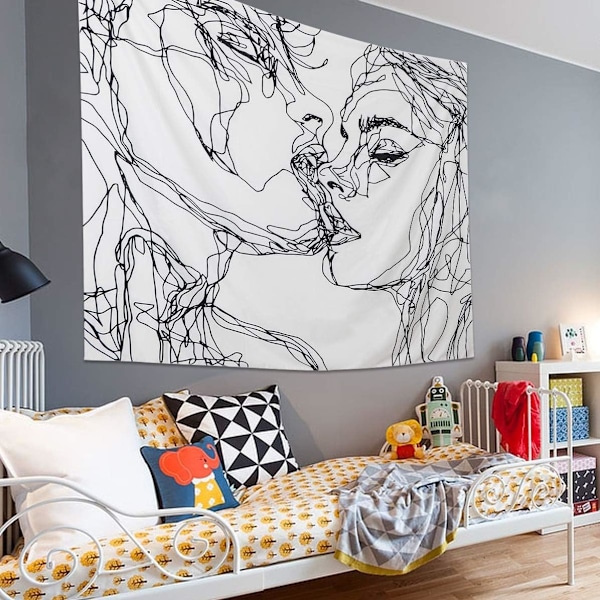 Män Kvinnor Själsfull Abstrakt Skiss Väggbonad Kyssande Älskare Gobeläng Väggbonad Sovsal Sovrum Vardagsrum (M/130cmX150cm)