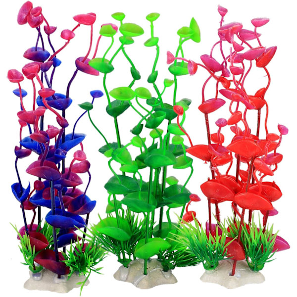 3 Stykker Kunstige Akvariumsplanter (24cm), Store Plastik Akvariumsplanter Dekoration, Dekorative Kunstige Planter til Akvarium, Fiskedekor