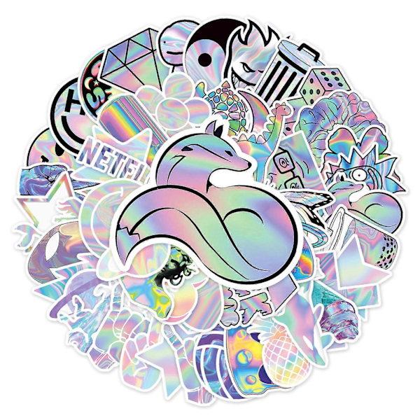 Laser Art Graffiti Klistremerker 50 Pakke Blandede Vinyl Klistremerker for Laptop, Telefon, Vannflaske, Skateboard, Koffert, Gitar, Teppe, Søt, Estetisk, Vanntett
