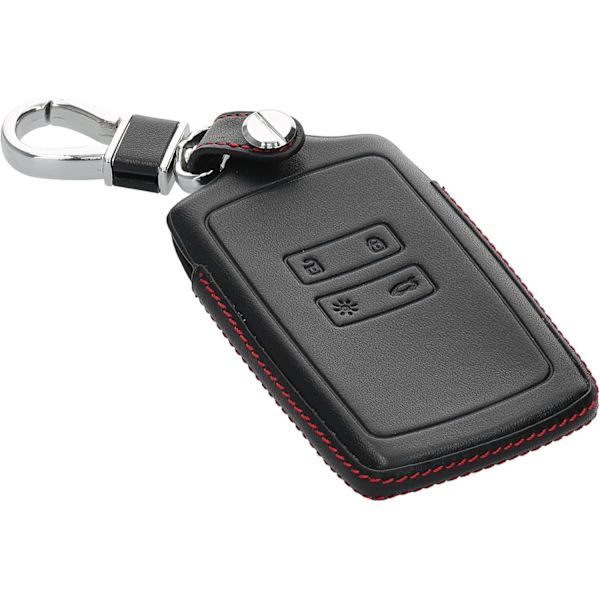 Fodral Kompatibelt med Renault Smart Key 4-knapp (Endast Keyless Go) - Svart-Röd - Äkta Läder Bilnyckelfodral med Nyckelring