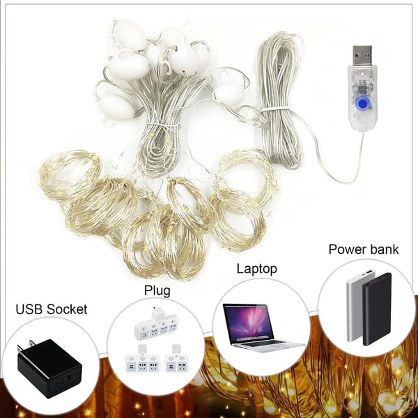 Gardinslynglys, 3M*3M Soverom LED USB Varmt Lys, 8 Moduser Fjernkontroll Timer Dekor for Bryllup Gardin