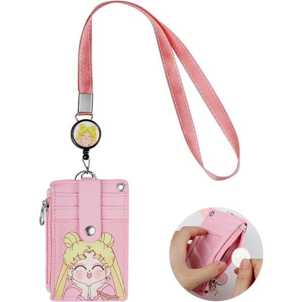 2pcs PU Card Holder Lanyard,Pink 5 Card Slots and 1 Zipper Pocket,Total Length 57cm,Badge Holder with Retractable Buckle,Cute Cartoon Style