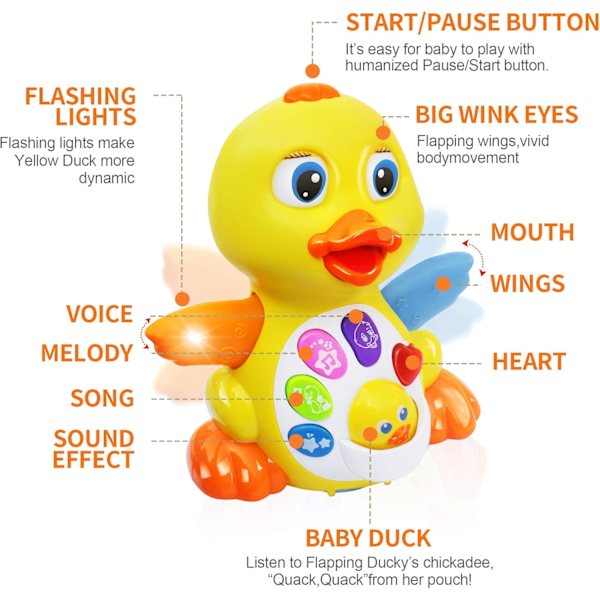 Baby Musical Toys 6/9/12 Månader +, Baby Duck Musical Toy, Interaktiv Baby Learning Toy, Baby Crawling Activity Toy med Musik och Ljus för Baby, 6