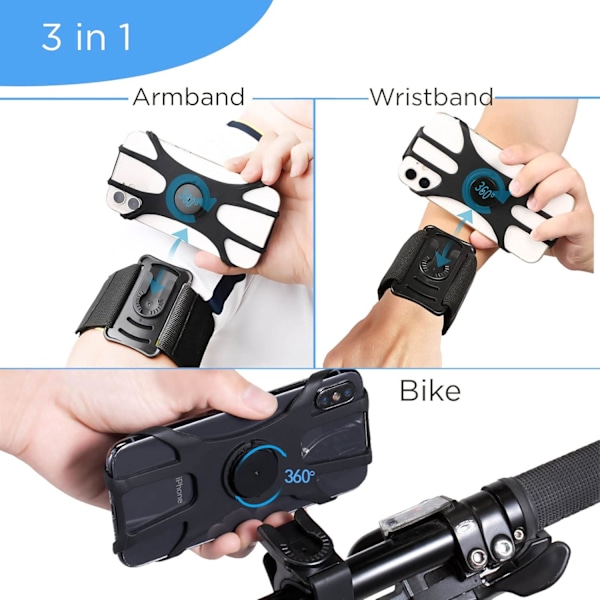 Armbånd - Sort, Arm og Cykelstyr 3 i 1 Universal Smartphone Holder op til 7'' tommer med 360° Rotation Træning Jogging Cykling iPhone X 11 12 Pr