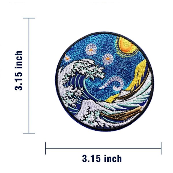 3 stk. Broderet patch i form af Den Store Bølge ud for Kanagawa, til at sy eller stryge på