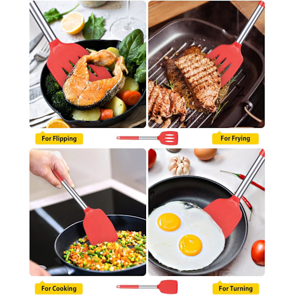 2-pack tunga silikonköksspatlar, non-stick, värmebeständiga, BPA-fria, idealiska för fisk, ägg, pannkakor (röd)