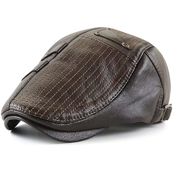 （Mørk Curry）Mænds Flade Kasket Justerbar Flade PU Læder Beret 56-60cm