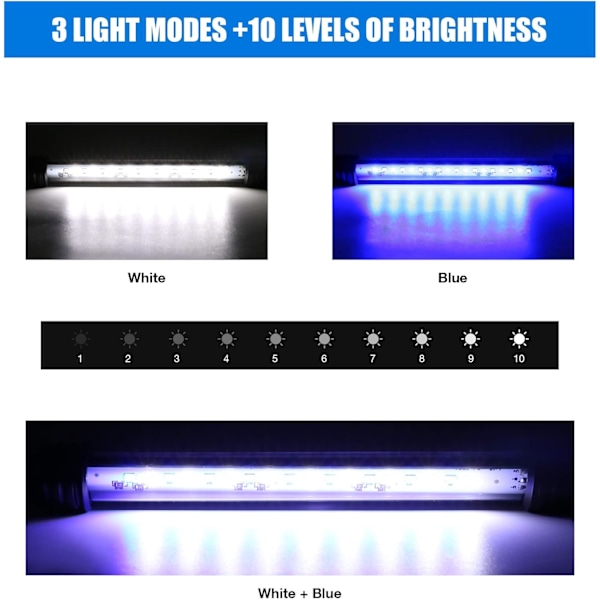 LED Akvarielampe, Neddykkelig Akvarielampe med Automatisk Til/Fra Timer, Farveskiftende Blå og Hvid LED-belysning til 30-50 cm Akvarier