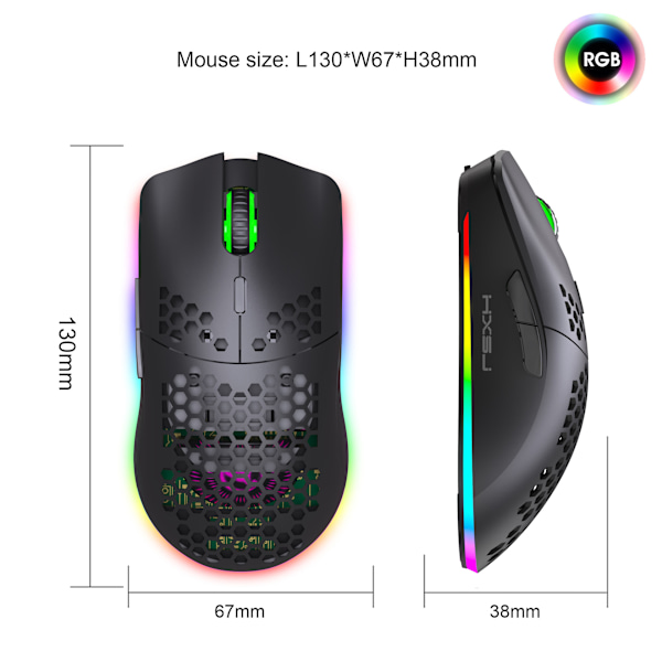 Vit trådlös mus, RGB-mus hål lysande makro programmering spelmus 6 knappar för att stänga av ljuset