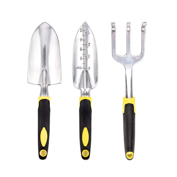 Gult hageredskapersett, 3 deler aluminiums hageredskaper med spade, transplanteringsverktøy og håndrake, komfortabelt mykt ergonomisk håndtak (kirsebær