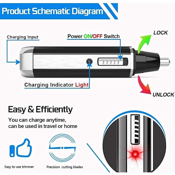 Nese- og nesebørsteremover - USB 4 i 1 - Smertefri - Nese- og ørehårstrimmer - Enkel å rengjøre - Vanntett dobbeltkniv