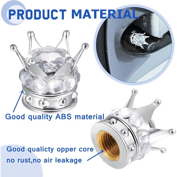4 Kroner Ventilkapper (Hvid) Universel Bling Ventilkap Krystal Ventilhat Rhinestone Ventilkap Krom Bil Kron Ventil Dæksel