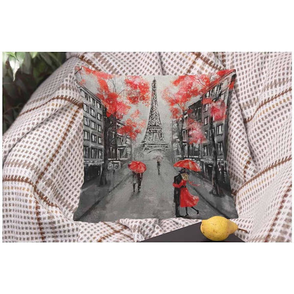 45 x 45 cm Romantisk Paris Kuddfodral för Älskare - Kyss i Frankrike - Design: Eiffeltornet - Alla hjärtans dag - för Män och Kvinnor - Grå och Röd