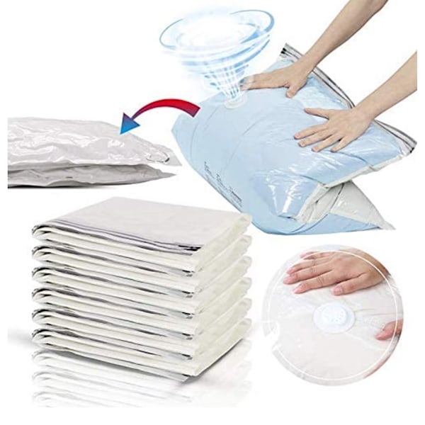 Premium vakuumopbevaringsposer. Sæt af 8 store. Ingen pumpe eller vakuum nødvendig. Tøj, sengetøj, dyner, puder, tæpper, 40*60cm