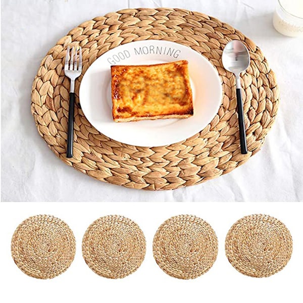 Set of 4 (35 cm) Natural Woven Water Hyacinth Placemats,Round Woven Placemats,Woven Straw Placemats