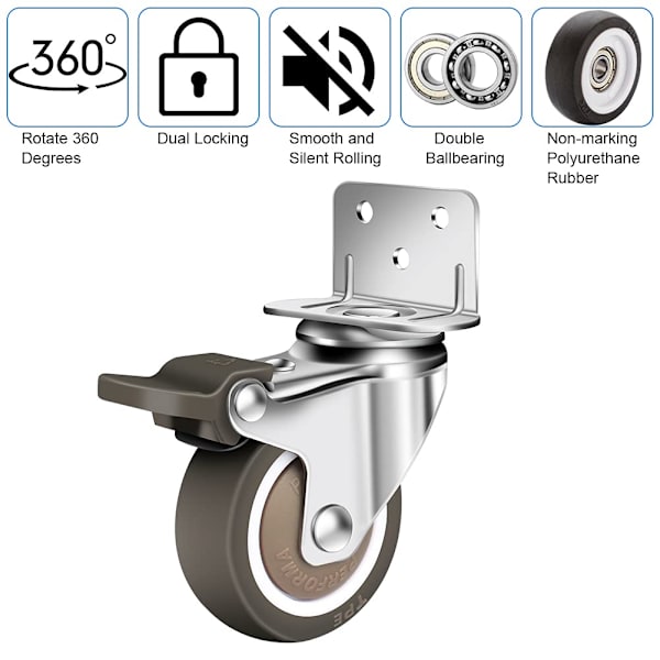 Set med 4 svängbara hjul 50mm, 100kg möbelhjul, L-typ möbelhjul med broms 360° rotation, för inomhus- och utomhusbruk (2 hjul med broms