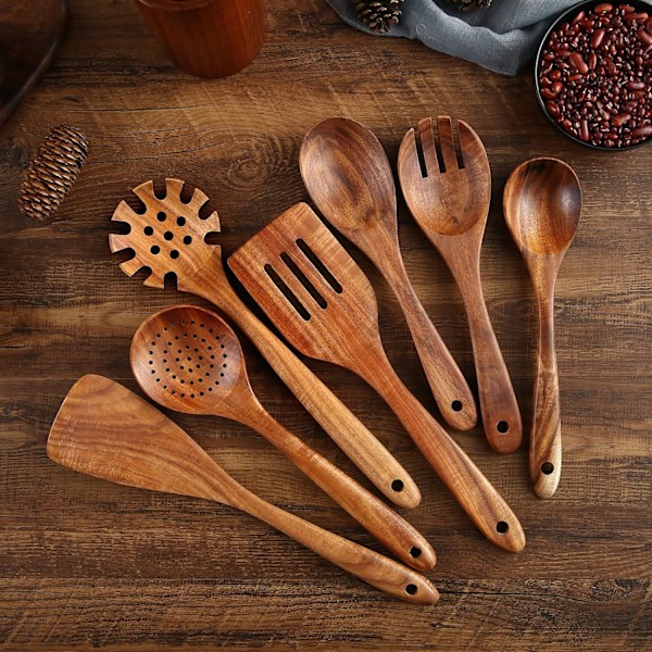 Träredskap i trä, set med 7, eleganta, starka och non-stick teakträskedar och spatlar för hemmet och köksdekor