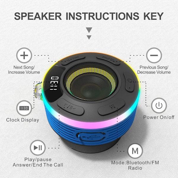 Bärbar Bluetooth-duschhögtalare, Mini bärbar Bluetooth 5.1-högtalare Vattentät IPX7-högtalare med kraftfull sugkopp och krok, Bluetooth HD-radio