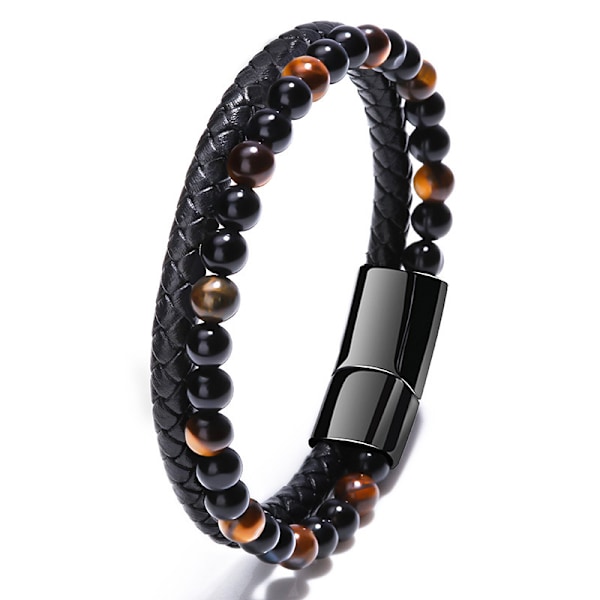 geOriginal Men's Bracelet Made Of 6mm Natural Stone Beads And High Quality Genuine Leather With Removable Stainless Steel Magnetic Clasp To Easily Ad