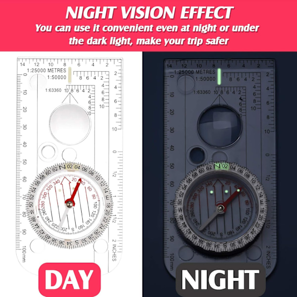 Navigationskompas Orienteringskompas Spejderkompas Vandrekompas med Justerbar Deklination til Ekspedition Læsning, Navigation (12,5 x 6,0 cm)