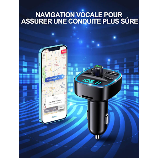 Bluetooth Bil, FM-transmitter Bluetooth 5.0 Radioadapter Trådløs MP3 Musikspiller, Håndfri Opkald, Dobbelt USB-porte 5V/2.4A & 1A, Billader Sup