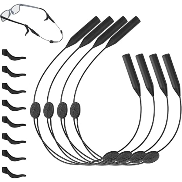 4 Pieces Adjustable Glasses Retainers & 4 Pairs Anti-Slip Hooks,Sports Glasses Strap Holder Ear Hook Socket for Sunglasses,Reading Glasses