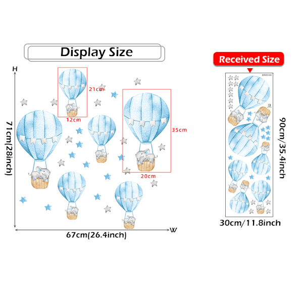 Blå veggklistremerker Dyr i varmluftballong Veggklistremerke Ape Giraff Elefant Veggdekorasjon Barnerom Baby Barnehage