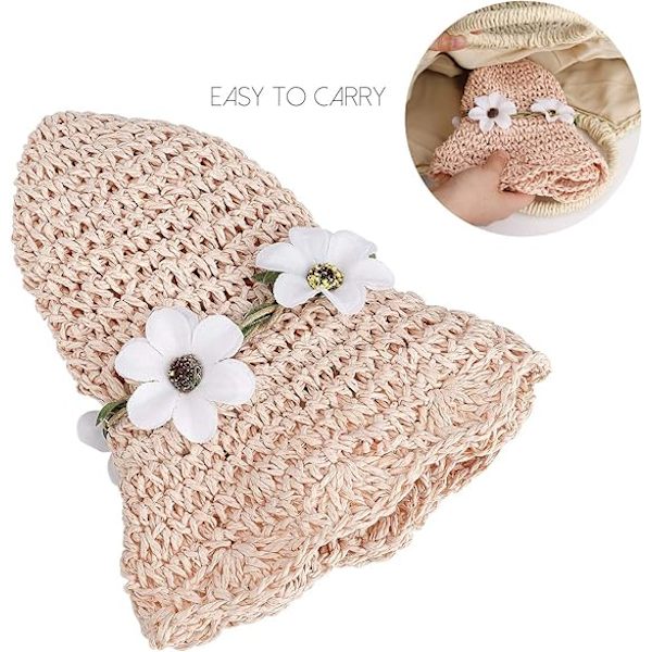 Pige Strawhat Foldbar Solhat (Pudder) med Blomsterdekoration Sommerhat til Børn Strandrejse Vandreture