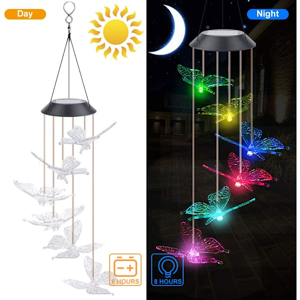 Solvindklokker (70 cm), Fargeskiftende Sommerfugl Vindklokker Solcelledrevet LED Vanntett Innendørs Utendørs Dekorasjon for Hage, Fest, Terrasse, Plen, Hage, Por
