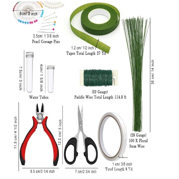 17-delars blomsterarrangemang verktygssats, 4 stilar tejpband, 1 stil blomstertråd, 2 stilar saxar och huvudstift för DIY bröllopsbukett