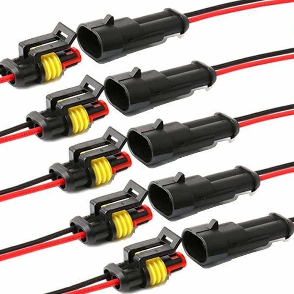 Vandafvisende stik, (5-pak) (2-polet stik) 2-polet selvspændende elektriske ledningsforbindelser med 16 AWG marinekabel til bil, lastbil, båd og andet