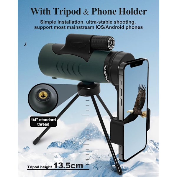 Concept Kikkert Monokular 12X50 HD Vandtæt Prisma Grøn Belægning Teleskop til Fuglekiggeri, Jagt, Vandreture, Koncert