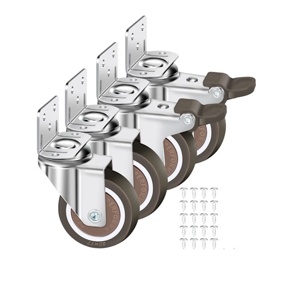 Set med 4 svängbara hjul 50mm, 100kg möbelhjul, L-typ möbelhjul med broms 360° rotation, för inomhus- och utomhusbruk (2 hjul med broms
