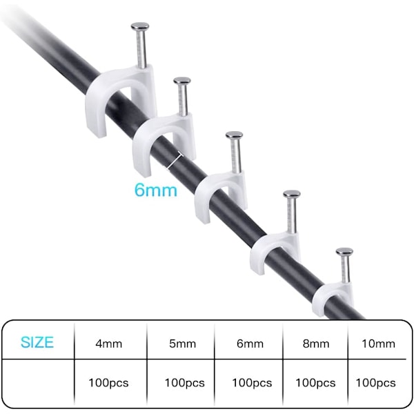 500 stk Runde Kabelbinder med Stålspiker, AGPTEK Kabelbinder i 5 Forskellige Størrelser på 4mm/5mm/6mm/8mm/10mm, Fastgørelse og Kablet Organizer, Hvid