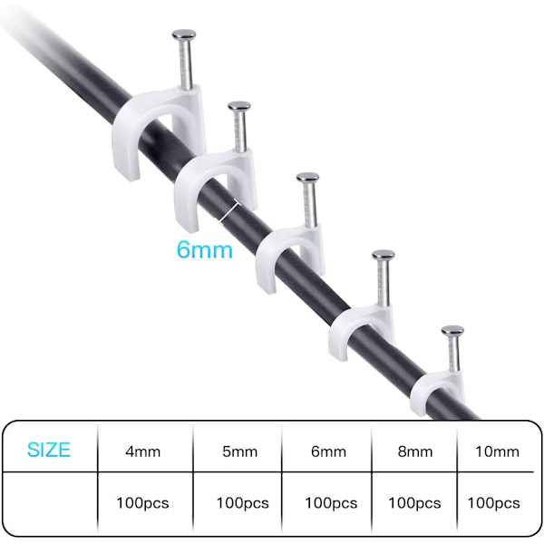 500 stk Runde Kabelbinder med Stålspiker, AGPTEK Kabelbinder i 5 Ulike Størrelser 4mm/5mm/6mm/8mm/10mm, Festesystem og Kabelorganisering, Hvit