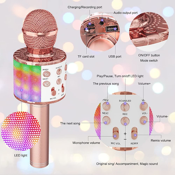 Trådløs Karaoke Mikrofon, Børne Karaoke Mikrofon med LED Danslys, Bluetooth Mikrofon til Børn Piger Drenge til Fest Sang Jul Fødselsdag