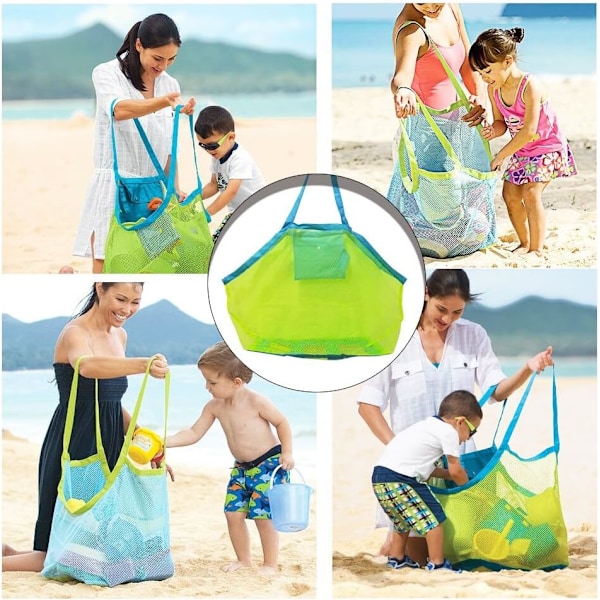 Mesh Strandtaske Legetøjsopbevaringsnet til Transport af Legetøj og Håndklæder Sand Legetøj Væks 40*24*40cm Grøn Mesh & Blå Stropper